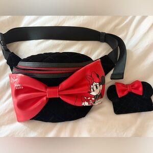 Loungefly Disney Minnie Mouse Velvet Belt Bag + Matching Wallet | Black Red Bow
